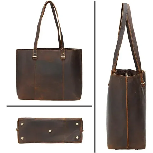 Vintage Full Grain Leather Tote Bag for Women Business Work Satchel